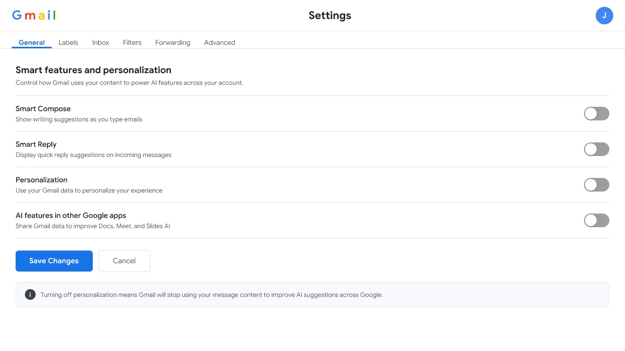 Gmail Settings showing Smart features and personalization turned off
