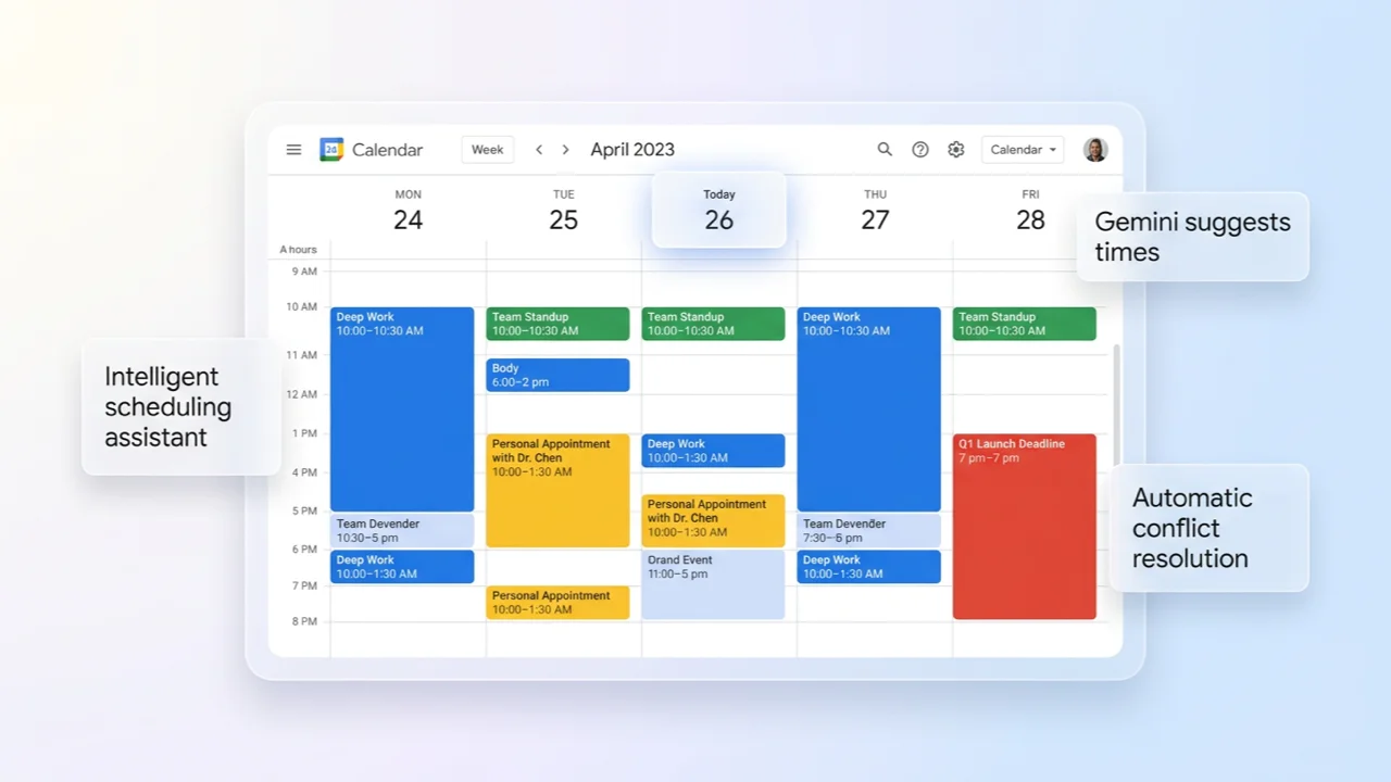 Google Calendar week view with color-coded events for deep work, meetings, and deadlines