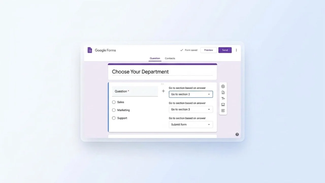 Google Forms go-to-section dropdowns on a multiple choice branching question