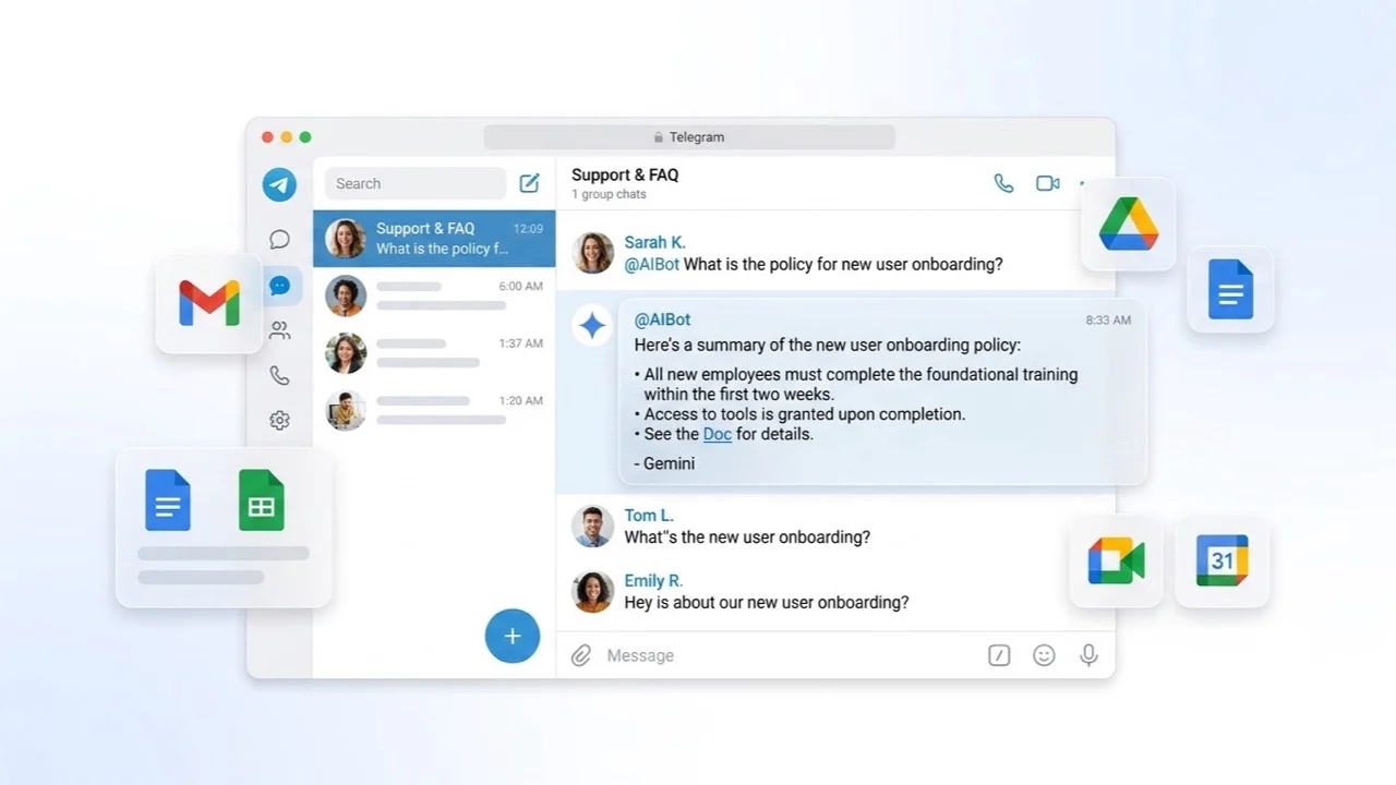 Telegram group chat with members mentioning an AI bot for a FAQ answer